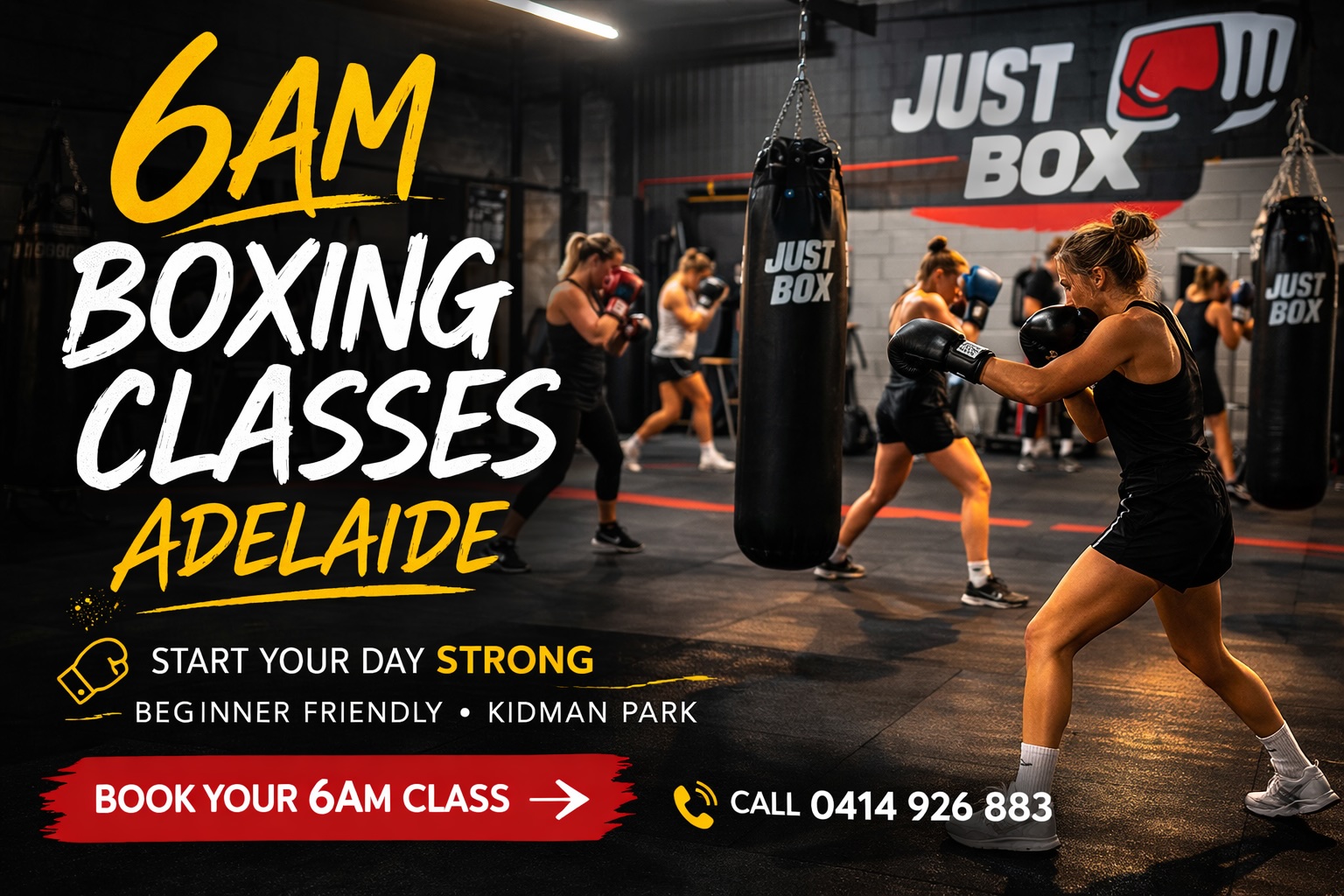 6am boxing classes in Adelaide at Just Box Kidman Park. Morning boxing training for beginners and fitness in Adelaide’s western suburbs.