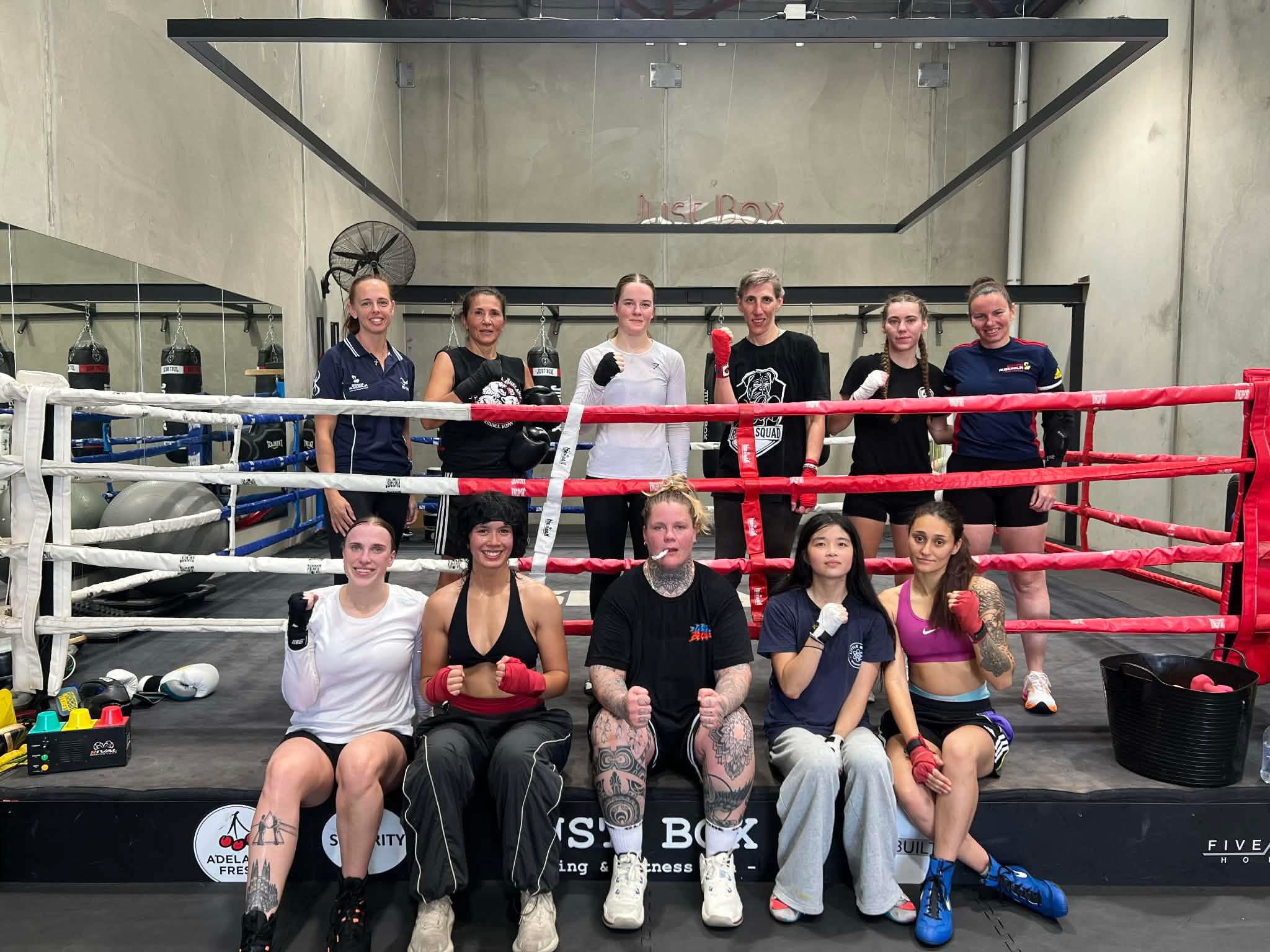 Group boxing classes at Just Box boxing gym Kidman Park Adelaide with members training in a beginner friendly fitness boxing session